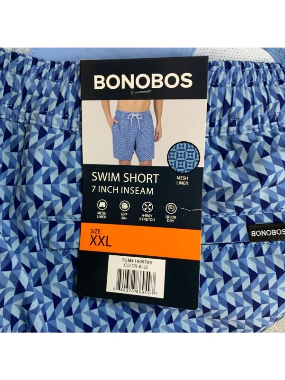 NWT Bonobos Men's XXL Swim Shorts Blue Geometric Print 7-Inch Inseam Mesh Liner